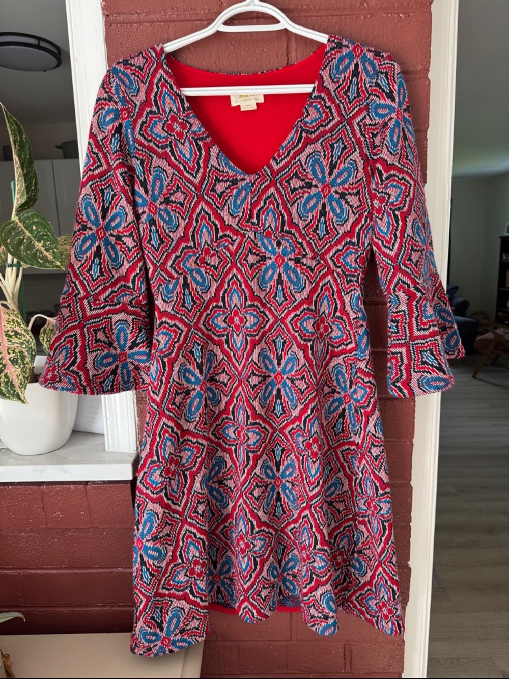 Anthropologie Red and Blue Geometric Floral V-Neck Long Sleeve Dress